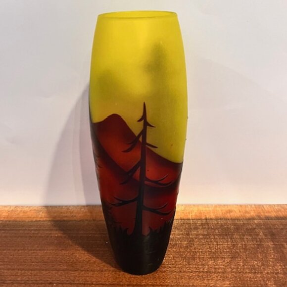 Yellow Cameo Glass Vase with Mountain Scene and Trees - Picture 4 of 9